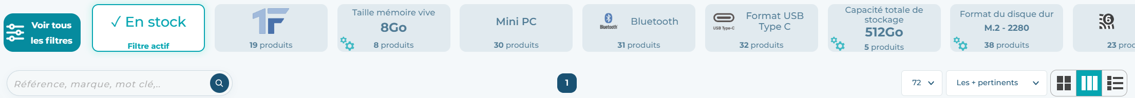 Nouvelle barre de filtres du catalogue avec filtre « En stock » actif et facettes mémoire vive, format, Bluetooth, USB-C, stockage, Wifi et système d’exploitation
