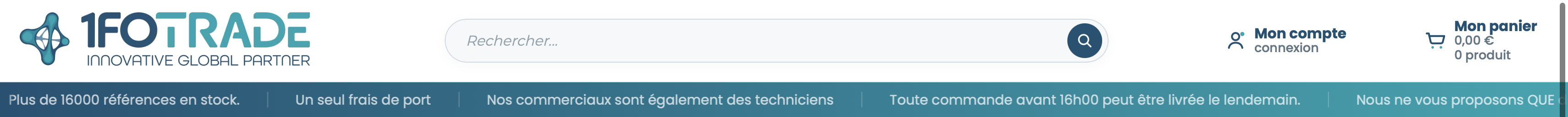 En-tête du nouveau site 1FOTRADE avec recherche, compte, panier et bandeau de réassurance