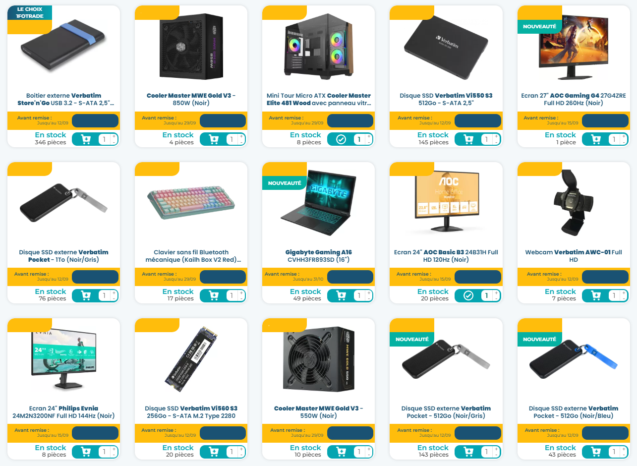 Nouvelle grille de produits avec prix, remises, stock et ajout au panier
