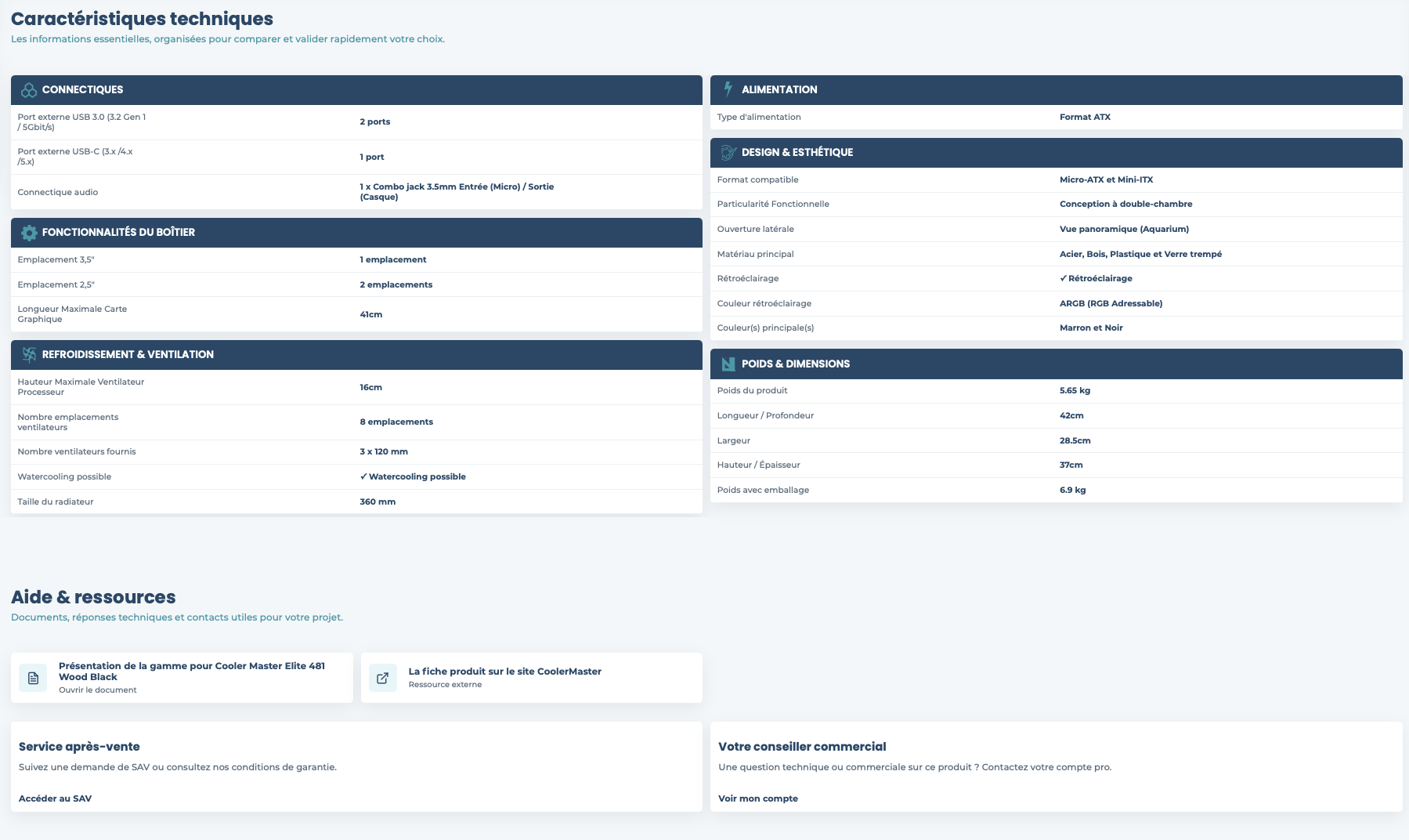 Fiche produit, suite de la page avec caractéristiques et informations complémentaires