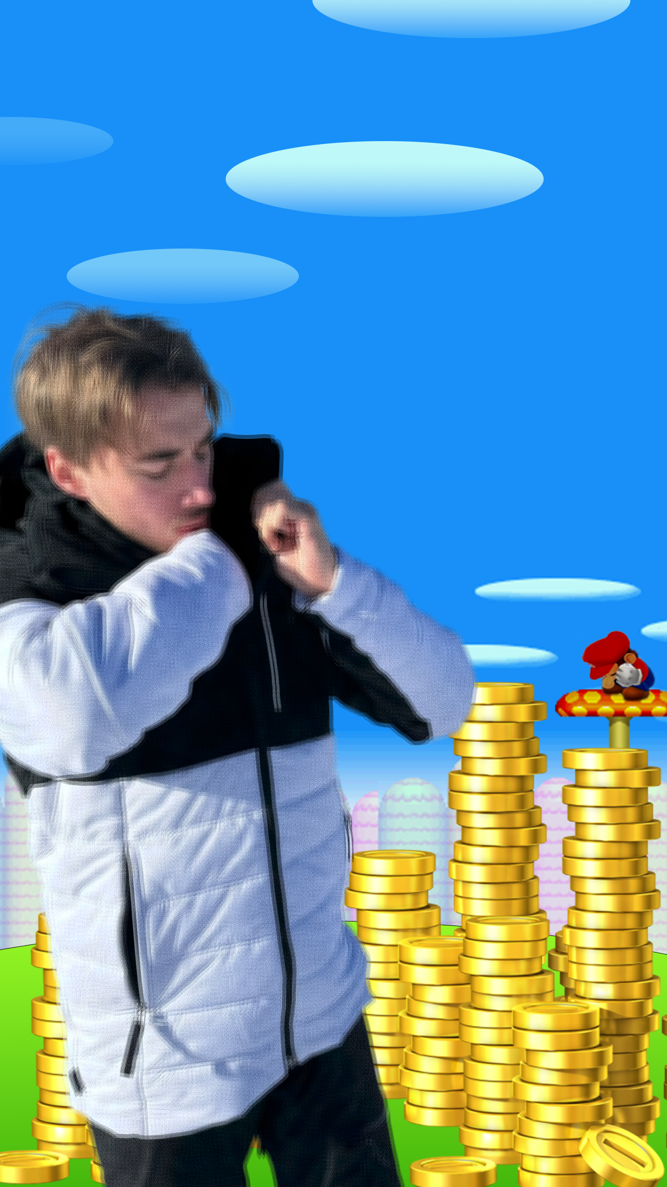 Montage d’un enfant devant des piles de pièces